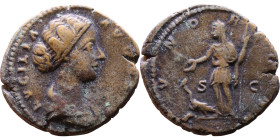 Lucilla (164-169) As. Obv: LVCILLA AVGVSTA, draped bust right Rev: IVNO REGINA S-C, Juno standing left, holding patera and sceptre, peacock at feet.
...