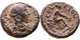 Trajan (98-117) Akko Ptolemais. Bronze coin. Obv: Bust of Tyche. Rev: COL PTOL, Tyche seated right on rock, river-god swimming below.

Weight:25mm 1...