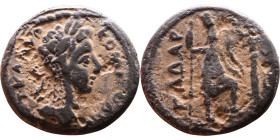 Commodus (180-192) Syria: Gadara. Obv: Bust of emperor. Rev: Tyche standing right, foot on galley, holding sceptre and cornucopiae; Nike standing left...