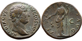 Hadrian (117-138) Sestertius. Obverse: Bust of emperor. Rev: Felicitas standing left, holding long caduceus and branch.

Weight:31mm 20,36g