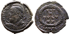 Julian II Apostate (361-363) Follis. Obverse: DN FL CL IVLIANVS PF AVG, Helmeted and cuirassed bust left, holding spear and shield Reverse: VOT X MVLT...