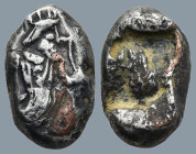 ACHAEMENID EMPIRE. Time of Darios I to Xerxes II (Circa 485-420 BC). Sardes.
AR Fourrée Siglos (15,9mm 4,3g)
Obv: Persian king in kneeling-running s...