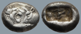 KINGS of LYDIA. Kroisos (Circa 564/53-550/39 BC).
AR Siglos (15,8mm 5,2g)
Obv: Confronted foreparts of lion and bull.
Rev: Two incuse square punche...