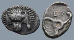 DYNASTS OF LYCIA. Perikles. (Circa 380-360 BC)
AR 1/3 Stater (12,9mm 2,4g)
Obv: Facing lion's scalp.
Rev: Triskeles; legend around; all within shal...