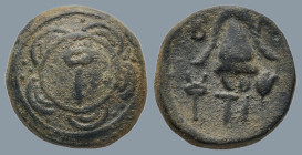 KINGS of MACEDON. Alexander III 'the Great' (336-323 BC). Sardes
AE Half Unit (14,9mm 3,5g)
Obv: Macedonian shield with caduceus on boss.
Rev: B - ...