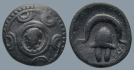 KINGS OF MACEDON, Philip III Arrhidaios (Circa 323-317 BC)
AE Unit (16,7mm, 3,2g)
Obv: Macedonian shield; on boss, head of Herakles facing slightly ...