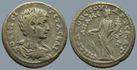 PHRYGIA. Apameia. Geta, as Caesar, (AD 198-209.) Artemas, agonothetes.
Ae Diassarion (25,4mm 9,1g)
Obv: ΠO CЄΠTI ΓЄTAC KAI Bare-headed, draped and c...