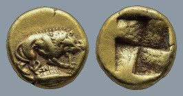 MYSIA. Kyzikos. (Circa 450-330 BC)
EL Myshemihekte - 1/24 Stater (7,2mm 0,63g)
Obv: Lion standing right, biting into sword (or harpa?), on tunny rig...