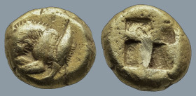 MYSIA. Kyzikos. (Circa 550-500 BC)
EL Hekte (10,7mm 2,57g)
Obv: Forepart of a lion to left, devouring prey; behind, tunny.
Rev: Quadripartite incus...