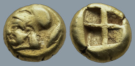 MYSIA. Kyzikos. (circa 550-450 BC)
EL Hekte (10,4mm 2,66g)
Obv: Head of Athena left, wearing Corinthian helmet; to right, tunny diagonally downward ...