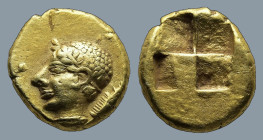 MYSIA. Kyzikos. (Circa 550-450 BC)
EL Hemihekte (8,8mm 1,3g)
Obv: Head of male left, wearing laurel wreath; to right, tunny downward
Rev: Quadripar...
