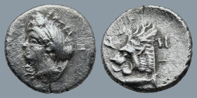 MYSIA. Kyzikos. (Circa 390-341/0 BC)
AR Diobol (11,1mm 1,05g)
Obv: Head of Kore to left, wearing wreath of grain ears, pendant earring, simple neckl...