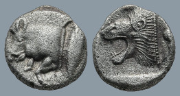 MYSIA. Kyzikos. (Circa 450-400 BC).
AR Diobol (9,8mm 1,1g)
Obv: Forepart of boar left; to right, tunny upwards.
Rev: Head of lion left within incus...