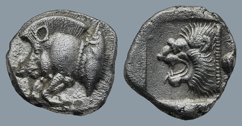 MYSIA. Kyzikos. (Circa 450-400 BC).
AR Diobol (10,26mm 1,23g)
Obv: Forepart of...