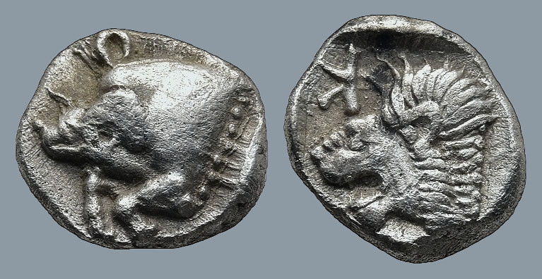 MYSIA. Kyzikos. (Circa 450-400 BC)
AR Obol (8,4mm 0,83g)
Obv: Forepart of boar...