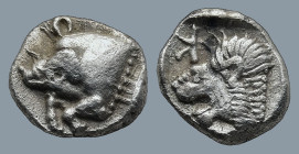 MYSIA. Kyzikos. (Circa 450-400 BC)
AR Obol (8,4mm 0,83g)
Obv: Forepart of boar left; tunny to right.
Rev: Head of roaring lion left; retrograde K i...