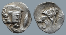 MYSIA. Kyzikos. (Circa 450-400 BC)
AR Obol (11,5mm 0,8g)
Obv: Forepart of boar left, with E (retrograde) on shoulder; to right, tunny upward.
Rev: ...