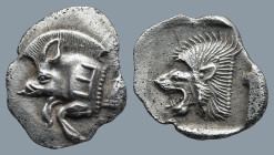 MYSIA. Kyzikos. (Circa 450-400 BC)
AR Obol (12,5mm 0,89g)
Obv: Forepart of boar left, with E (retrograde) on shoulder; to right, tunny upward.
Rev:...