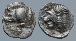 MYSIA. Kyzikos. (Circa 450-400 BC)
AR Obol (10,4mm 0,65g)
Obv: Forepart of boar left; tunny to right.
Rev: Head of roaring lion left; retrograde K ...