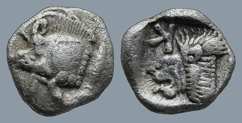 MYSIA. Kyzikos. (Circa 450-400 BC)
AR Obol (9,8mm 0,77g)
Obv: Forepart of boar...