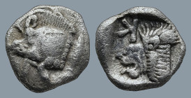 MYSIA. Kyzikos. (Circa 450-400 BC)
AR Obol (9,8mm 0,77g)
Obv: Forepart of boar left; tunny to right.
Rev: Head of roaring lion left; retrograde K i...