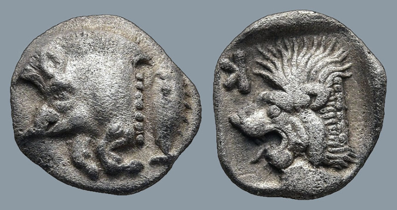MYSIA. Kyzikos. (Circa 450-400 BC)
AR Obol (9,2mm 0,8g)
Obv: Forepart of boar ...