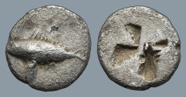 MYSIA. Kyzikos. (Circa 500 BC)
AR Obol (9,1mm 0,58g)
Obv: Tunny fish swimming to left
Rev: Quadripartite incuse square.
Von Fritze II, 5; cf. SNG ...