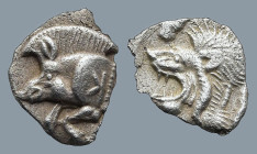 MYSIA. Kyzikos. (Circa 450-400 BC).
AR Hemiobol (8,2mm 0,346g)
Obv: Forepart of a boar left, retrograde K on its shoulder; to right, tunny upward.
...
