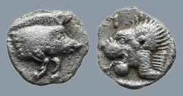 MYSIA. Kyzikos (Circa 450-400 BC)
AR Hemiobol (7,1mm 0,35g)
Obv: Forepart of boar right; to left, tunny upward.
Rev: Head of lion left; retrograde ...