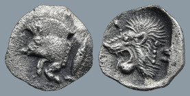 MYSIA. Kyzikos. (Circa 450-400 BC).
AR Hemiobol (9,4mm 0,41g)
Obv: Forepart of boar left; to right, tunny upward.
Rev: Head of roaring lion left; s...