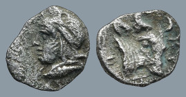 MYSIA. Kyzikos. (Circa 450-400 BC).
AR Hemiobol (8mm 0,36g)
Obv: Head of Attis to left, wearing Phrygian cap; below, tunny fish to left
Rev: Head a...