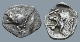 MYSIA. Kyzikos. (Circa 450-400 BC).
AR Hemiobol (8,2mm 0,4g)
Obv: Forepart of boar left; to right, tunny upward.
Rev: Head of roaring lion left; st...