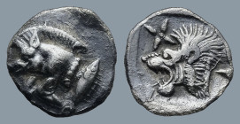 MYSIA. Kyzikos. (Circa 450-400 BC).
AR Hemiobol (8,9mm 0,38g)
Obv: Forepart of boar left; to right, tunny upward.
Rev: Head of roaring lion left; s...