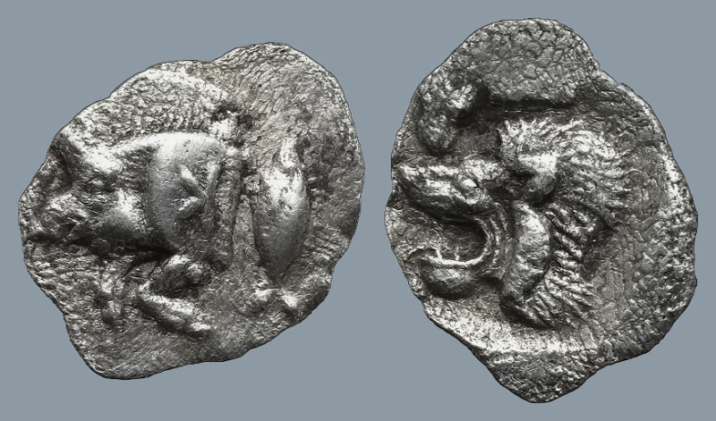 MYSIA. Kyzikos. (Circa 450-400 BC).
AR Hemiobol (9,3mm 0,40g)
Obv: Forepart of...