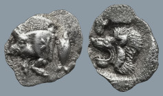 MYSIA. Kyzikos. (Circa 450-400 BC).
AR Hemiobol (9,3mm 0,40g)
Obv: Forepart of a boar left, retrograde K on its shoulder; to right, tunny upward.
R...