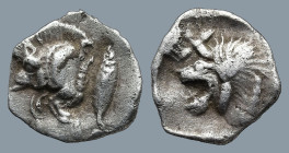 MYSIA. Kyzikos. (Circa 450-400 BC).
AR Hemiobol (8,8mm 0,41g)
Obv: Forepart of boar left; to right, tunny upward.
Rev: Head of roaring lion left; s...