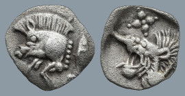 MYSIA. Kyzikos. (Circa 450-400 BC).
AR Hemiobol (8,2mm 0,27g)
Obv: Forepart of boar left; to right, tunny upward.
Rev: Head of roaring lion left; s...