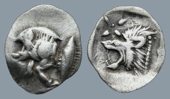 MYSIA. Kyzikos. (Circa 450-400 BC).
AR Hemiobol (9,3mm 0,41g)
Obv: Forepart of boar left; to right, tunny upward.
Rev: Head of roaring lion left; s...
