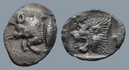 MYSIA. Kyzikos. (Circa 450-400 BC).
AR Hemiobol (10,1mm 0,37g)
Obv: Forepart of boar left; to right, tunny upward.
Rev: Head of roaring lion left; ...