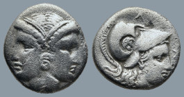 MYSIA. Lampsakos. (Circa 390-330 BC)
AR Tetrobol (14,3mm 2,28g)
Obv: Janiform female head, with circular earring.
Rev: Λ-Α-Μ. Head of Athena to rig...