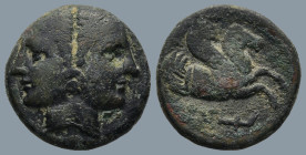 MYSIA. Lampsakos (Circa 380-330 BC.)
AE Bronze (16,8mm 4g)
Obv: Janiform female head wearing tania and earring
Rev: Forepart of Pegasos right; torc...