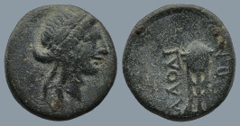 PHRYGIA. Laodicea ad Lycum. (circa 133-67 BC)
AE Bronze (14,3mm 6,7g)
Obv: Laureate head of Apollo to right.
Rev: ΛAOΔI-KEΩN Tripod.
BMC 44-47; SN...