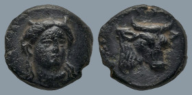 AEOLIS. Larissa Phrikonis. (circa 4th century BC)
AE Bronze (10,9mm 1,3g)
Obv.: Horned female head of river god facing slightly right, wearing neckl...