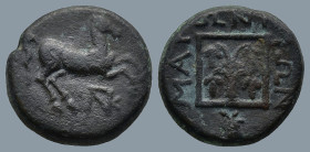 THRACE. Maroneia. (Circa 398/97 - 348/47 BC).
AE Bronze (14,3mm 3,3g)
Obv: Prancing horse right; monogram below.
Rev: MAPΩNITΩΝ. Four bunches of gr...