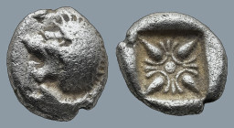IONIA. Miletos. (Late 6th-early 5th centuries BC).
AR Diobol (8,4mm 1,1g)
Obv: Forepart of lion right, head left.
Rev: Stellate floral design; all ...