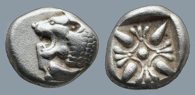 IONIA. Miletos. (Late 6th-early 5th centuries BC).
AR Diobol (8,4mm 1g)
Obv: Forepart of lion right, head left.
Rev: Stellate floral design; all wi...