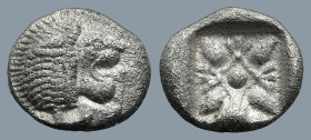 IONIA. Miletos. (6th-5th centuries BC).
AR Diobol (10,5mm 1,06g)
Obv: Forepart of lion to left, head turned to right.
Rev: Stellate pattern within ...
