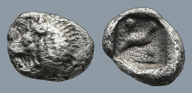 CARIA. Mylasa. (Circa 420-390 BC).
AR Tetartemorion (6,4mm 0,25g)
Obv: Head of roaring lion right, head left
Rev: Bird standing right; pellet to up...