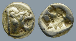 LESBOS. Mytilene. (Circa 521-478 BC)
EL Hekte (10,7mm 2,49g)
Obv: Head of a roaring lion to right.
Rev: Incuse head of a calf to right with rectang...