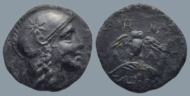 MYSIA. Pergamon. (Circa 200-133 BC).
AE Bronze (17,5mm 3,2g)
Obv: Head of Athena right, wearing helmet decorated with star.
Rev: AΘHNAΣ / NIKHΦOPOY...